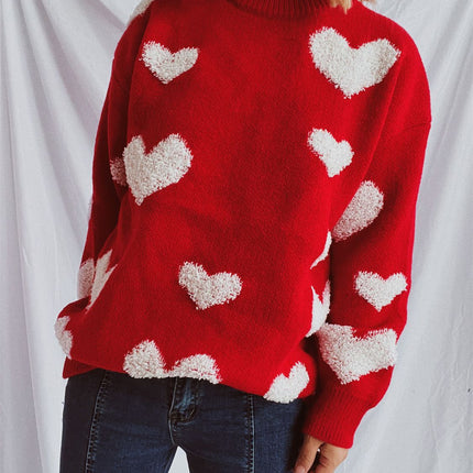 Heart Round Neck Dropped Shoulder Sweater