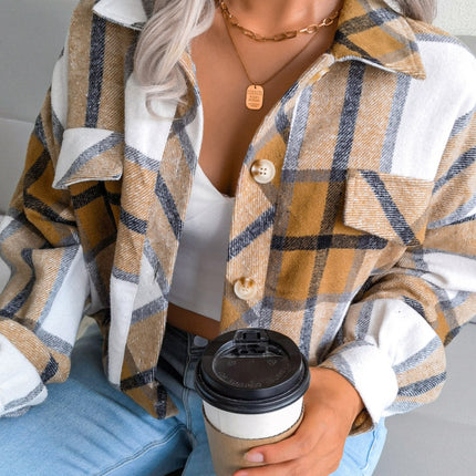 Plaid Collared Neck Long Sleeve Jacket