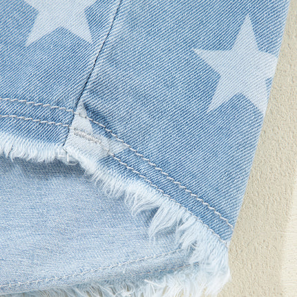 Raw Hem Star Collared Neck Denim Top