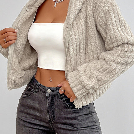 Zip Up Long Sleeve Fuzzy Hooded Jacket