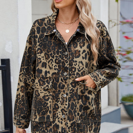 Leopard Button Up Drop Shoulder Denim Jacket