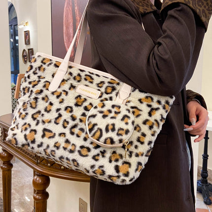 Leopard Faux Fur Tote Bag with Coin Purse