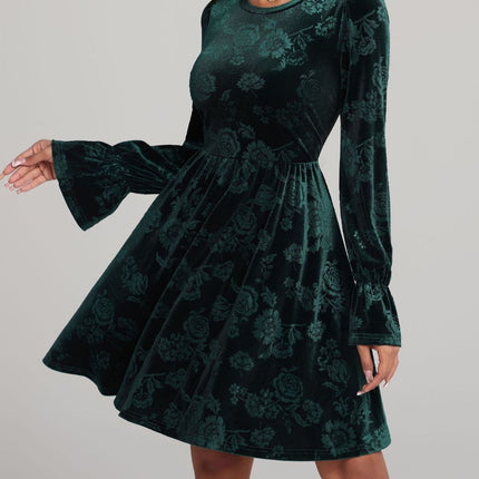 Tied Flower Print Round Neck Flounce Sleeve Dress