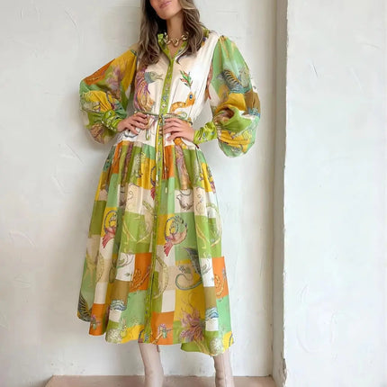 2023 Autumn Print Holiday Women Beach Dress With Belts A-line Long Lantern Sleeve Single Breasted Lapel Seaside Dresses Robe