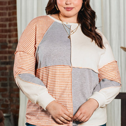 Plus Size Exposed Seam Color Block Round Neck Sweatshirt