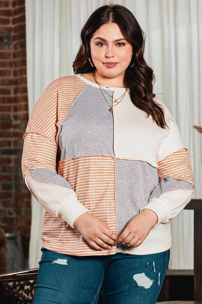 Plus Size Exposed Seam Color Block Round Neck Sweatshirt