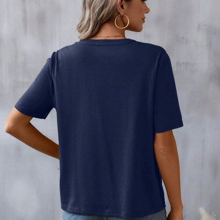 Embroidered Notched Short Sleeve T-Shirt