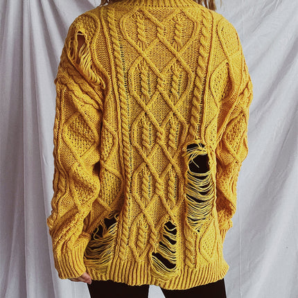 Distressed Cable-Knit Round Neck Long Sleeve Sweater