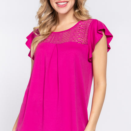 ACTIVE BASIC Ruffle Short Sleeve Lace Detail Knit Top