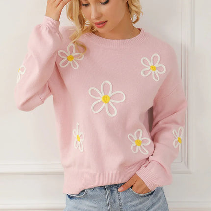 Flower Round Neck Dropped Shoulder Sweater