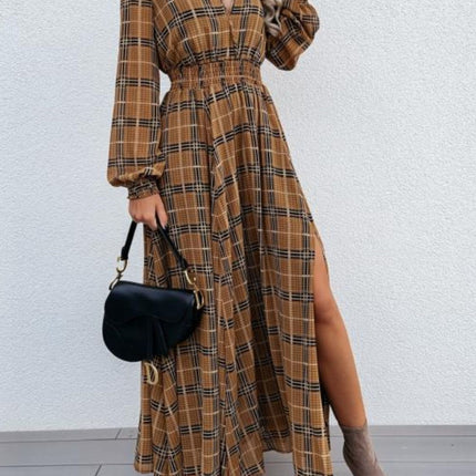 Slit Plaid Tie Neck Long Sleeve Maxi Dress