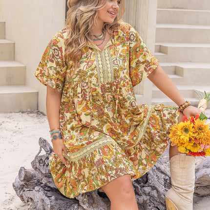 Plus Size Printed Tie Neck Short Sleeve Mini Dress