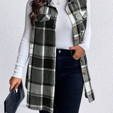 Honey Plus Size Pocketed Plaid Button Up Vest Coat - Vickie Lynn's