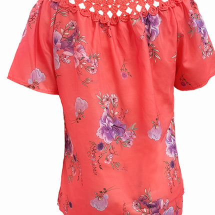 Full Size Printed Tie Neck Short Sleeve Blouse