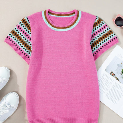 Contrast Round Neck Short Sleeve Knit Top