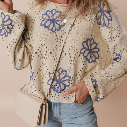 Openwork Round Neck Long Sleeve Knit Top