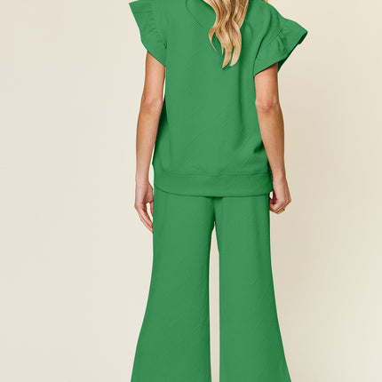 Double Take Texture Ruffle Short Sleeve Top and Drawstring Wide Leg Pants Set