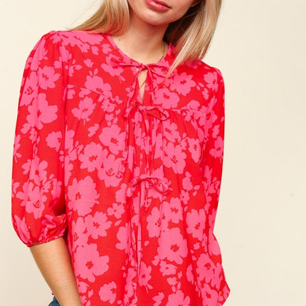 Haptics Full Size Ribbon Bow Floral Balloon Sleeve Blouse