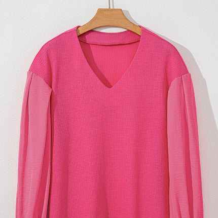 Waffle-Knit V-Neck Long Sleeve Blouse