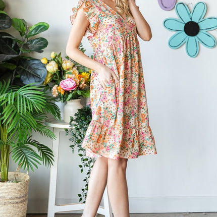 Heimish Full Size Floral Ruffled V-Neck Dress