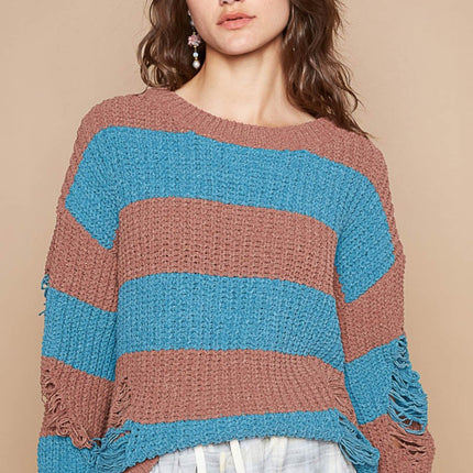 POL Striped Distressed Long Sleeve Sweater