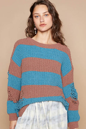 POL Striped Distressed Long Sleeve Sweater