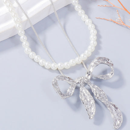 Synthetic Pearl Necklace, Bow Necklace and Bow Earrings Jewelry Set