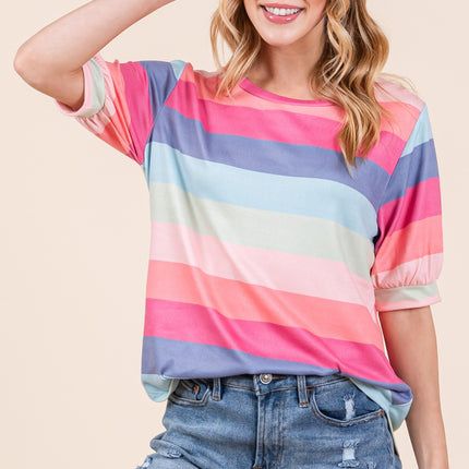 BOMBOM Striped Round Neck Half Sleeve T-Shirt