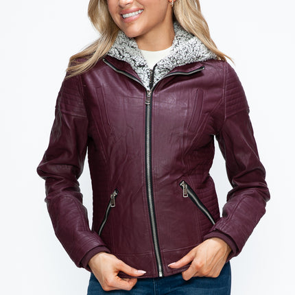 YMI Faux Layered Double-Zipper Jacket with Fuzzy Hood