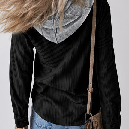 Drawstring Button Up Long Sleeve Hooded Jacket - Vickie Lynn's