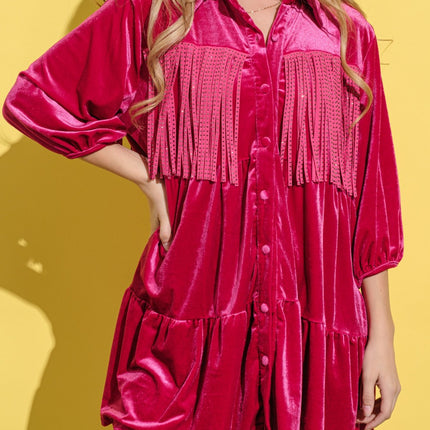 And The Why Fringe Detailed Velvet Shirt Dress