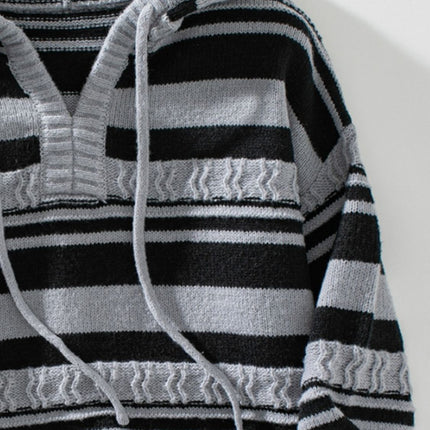 Drawstring Striped Long Sleeve Hooded Sweater