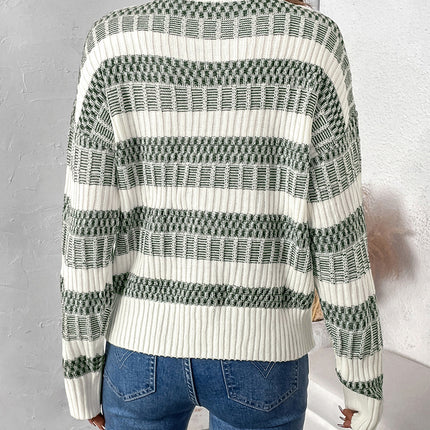 Perfee Contrast Round Neck Long Sleeve Sweater