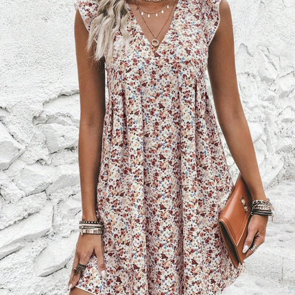 Printed V-Neck Cap Sleeve Mini Dress