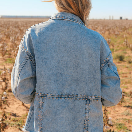 Studded Acid Wash Long Sleeve Denim Jacket