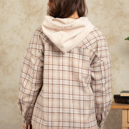 Drawstring Plaid Long Sleeve Hooded Jacket