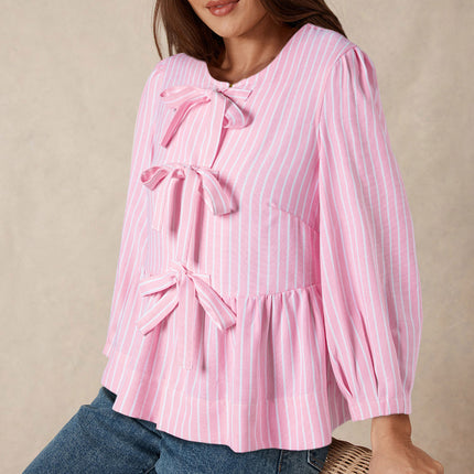 Tied Bow Striped Round Neck Blouse