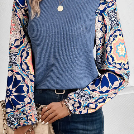 Ruffled Printed Round Neck Long Sleeve Top