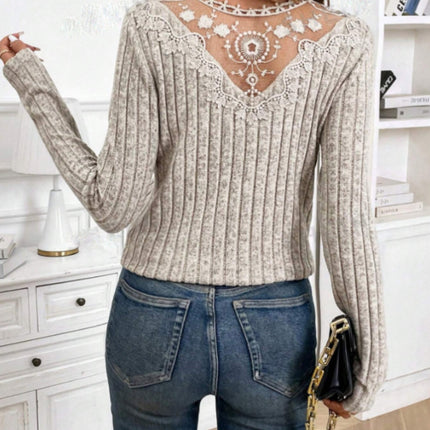 Lace Detail V-Neck Long Sleeve T-Shirt