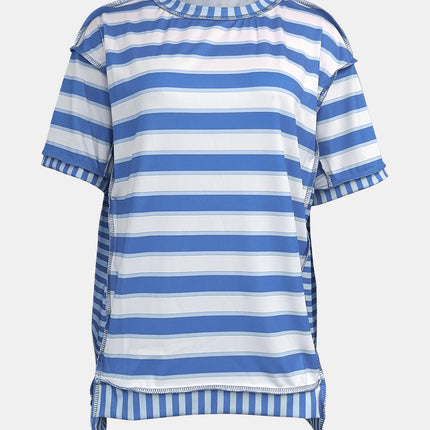 Full Size Contrast Stitching Striped Round Neck T-Shirt