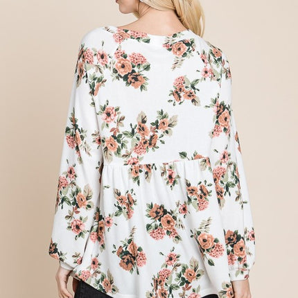 Super Lady Full Size Babydoll Floral Boat Neck Long Sleeve Blouse