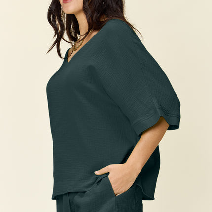 Double Take Texture Half Sleeve T-Shirt and Drawstring Shorts Set - Vickie Lynn's