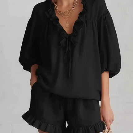 Ruffled V-Neck Blouse and Shorts Set