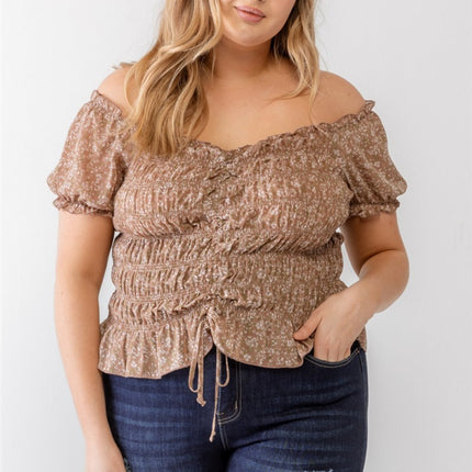 Zenobia Plus Size Frill Ruched Off-Shoulder Short Sleeve Blouse