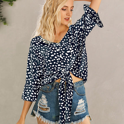 Tied Printed Button Up V-Neck Blouse