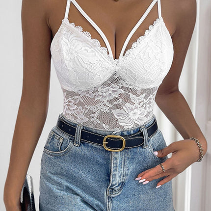 Perfee Spaghetti Strap Lace Bodysuit