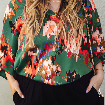 Plus Size Printed Johnny Collar Long Sleeve Blouse