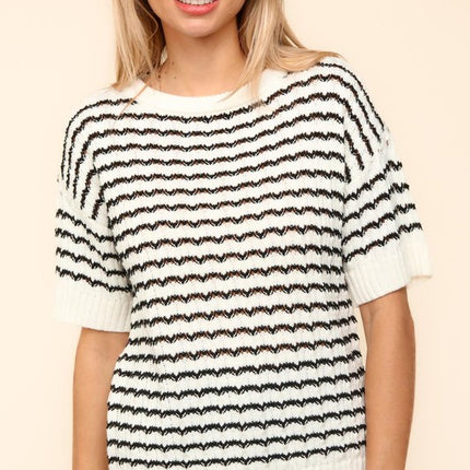 Haptics Openwork Striped Round Neck Half Sleeve Knit Top