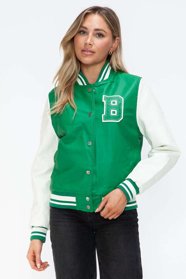 Love Me Now PU Leather Contrast Snap Down Bomber Jacket - Vickie Lynn's