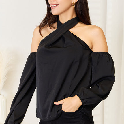 Double Take Grecian Cold Shoulder Long Sleeve Blouse